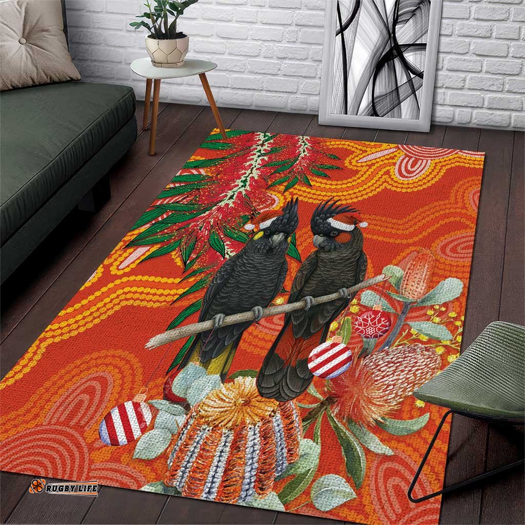 Australia Black Cockatoo Christmas Area Rug Banksia Bottlebrush Aboriginal Art LT14