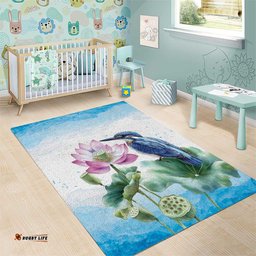 Australia Azure Kingfisher Area Rug Ceyx Azureus Sacred Lotus Watercolor LT14