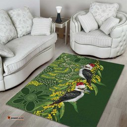 Aussie Kokaburra Golden Wattle Christmas Area Rug Aboriginal Dots Painting Green Motif LT9
