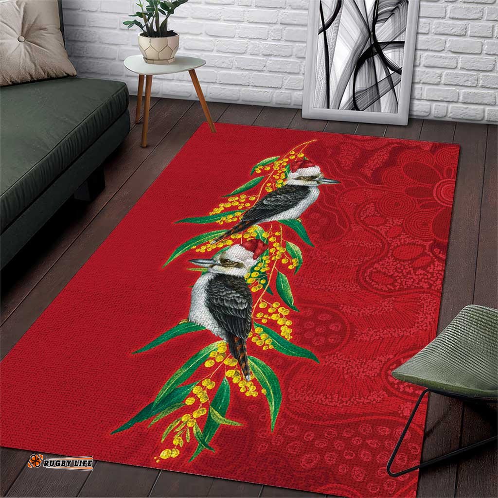 Aussie Kokaburra Golden Wattle Christmas Area Rug Aboriginal Dots Painting Red Motif LT9