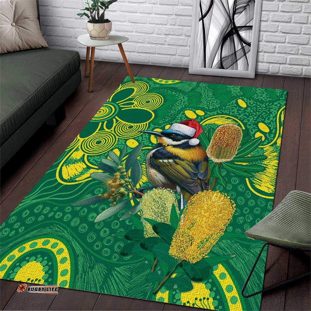 Aussie Honeyeaters Banksia Christmas Area Rug Aboriginal Dots Painting Green Motif LT9