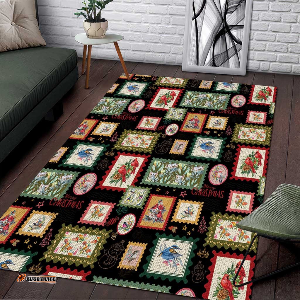 Aussie Birds Christmas La La Land Area Rug Black Vintage Stamp Edition LT9