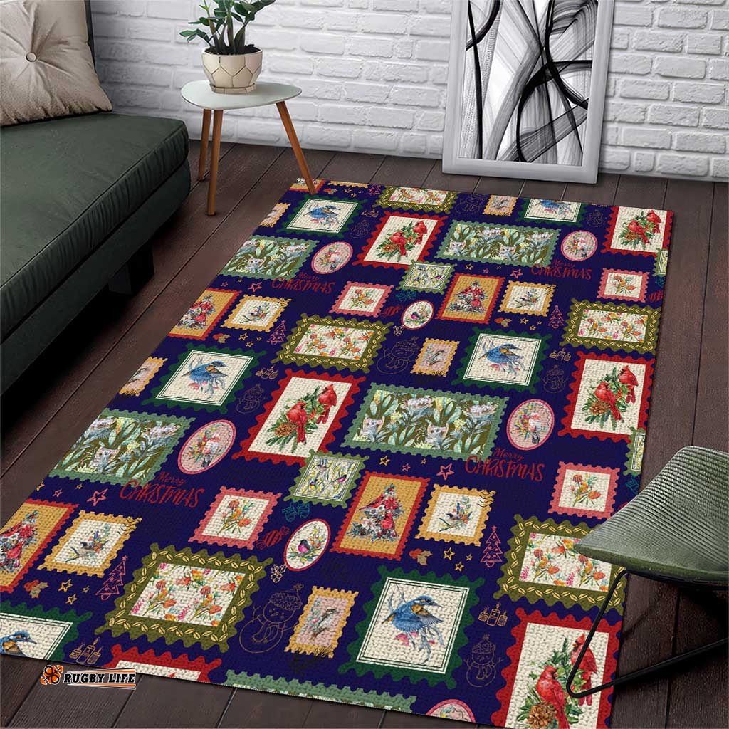 Aussie Birds Christmas La La Land Area Rug Navy Blue Vintage Stamp Edition LT9