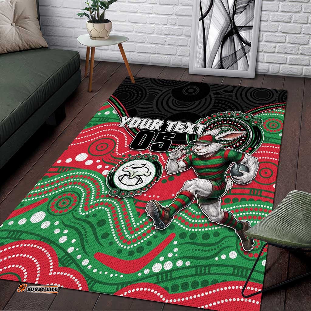 Custom Rabbitohs Area Rug Rabbit Mascot With Aboriginal Indigenous DT05