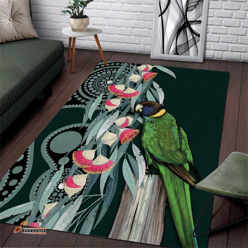 Australian Ringneck Parrot Area Rug Barnardius Zonarius Eucalyptus Flowers Aboriginal Art LT14