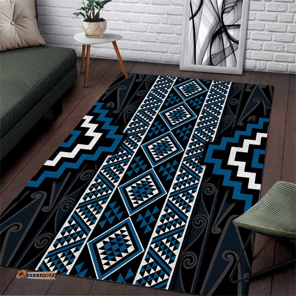 Azure Tukutuku Pattern Aotearoa Area Rug Niho Taniwha and Puhoro Motifs LT7
