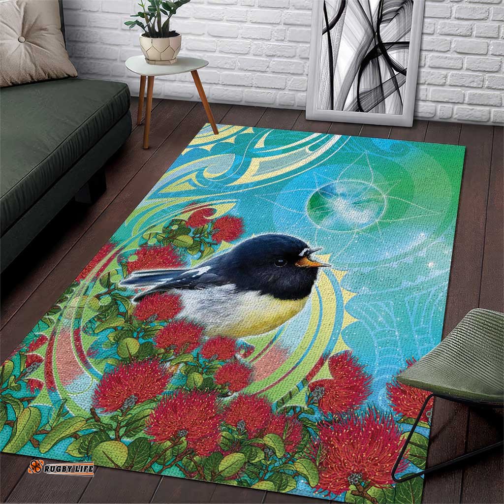 New Zealand Tomtit Area Rug Maori Koru With Pohutukawa Galaxy Style LT05