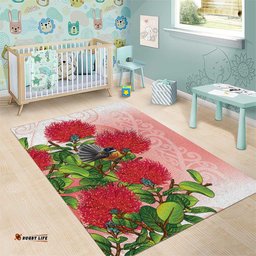 New Zealand Fantail Area Rug Maori Koru With Pohutukawa Flowers LT05