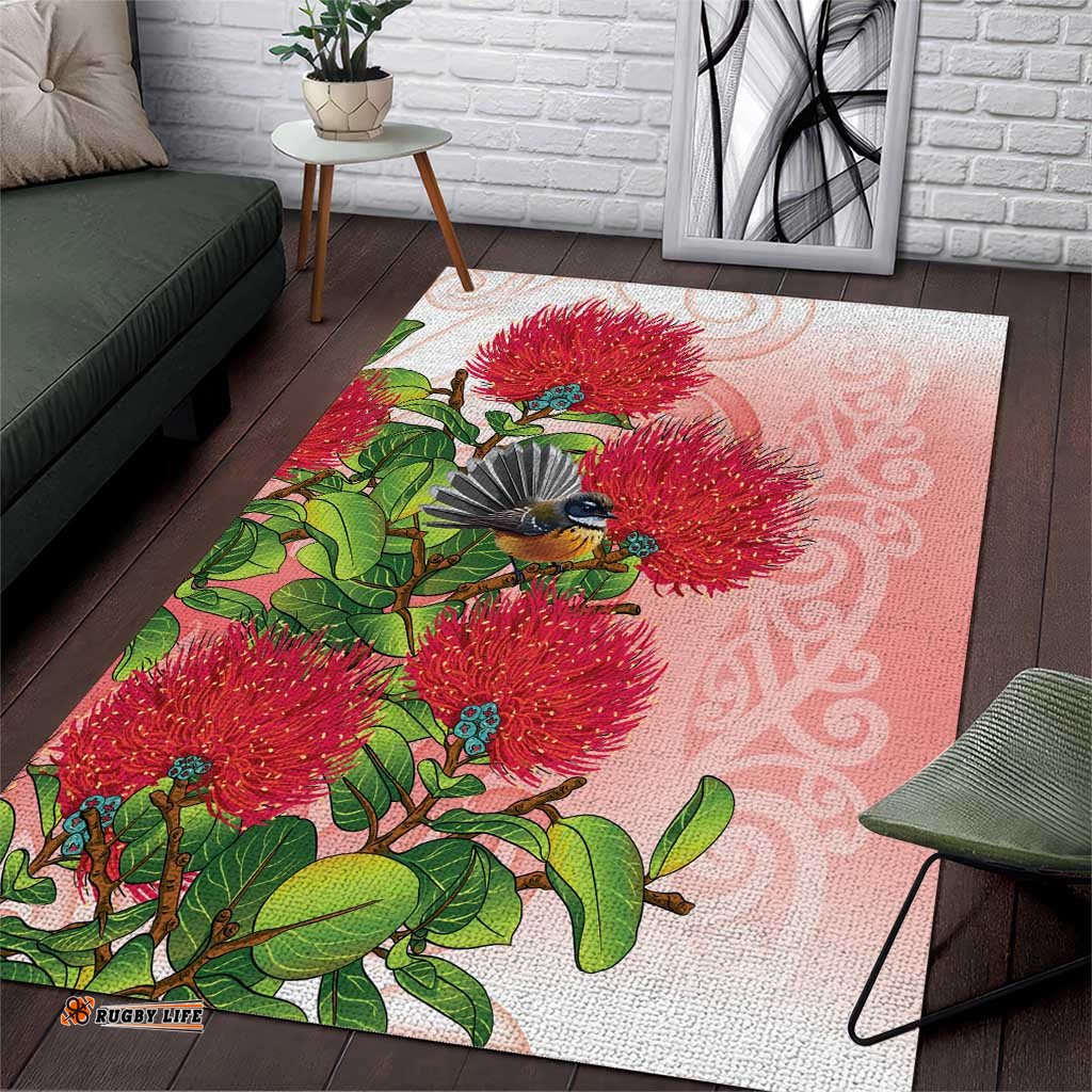 New Zealand Fantail Area Rug Maori Koru With Pohutukawa Flowers LT05