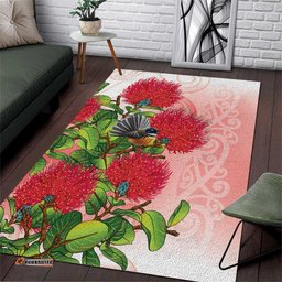 New Zealand Fantail Area Rug Maori Koru With Pohutukawa Flowers LT05