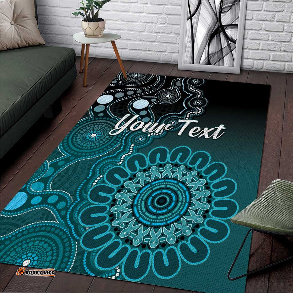 Personalised Ovarian Cancer Awareness Area Rug Teal Ribbon Aboriginal Art LT05