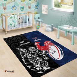 France And New Zealand Rugby Area Rug Les Bleus Rooster With Maori Tiki LT05