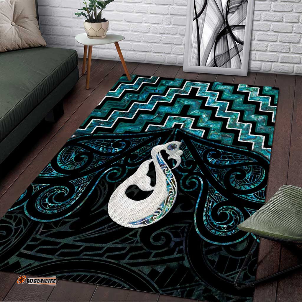 New Zealand Maori Area Rug Poutama Manaia Turquoise Paua Shell LT05