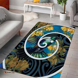 New Zealand Tui Bird Area Rug Maori Koru With Kowhai Flowers LT05