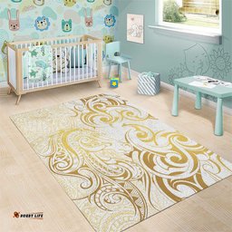 Gold And White Aoteara Horse Racing Area Rug NZ Maori Pattern LT14