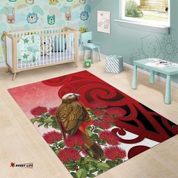 New Zealand Parrot Kaka Area Rug Maori Koru With Pohutukawa Flowers LT05