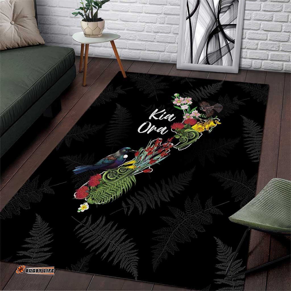 Kia Ora New Zealand Floral Area Rug Black LT7