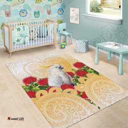 New Zealand Aotearoa Cockatoo Area Rug Maori Pattern With Pohutukawa Flowers LT05