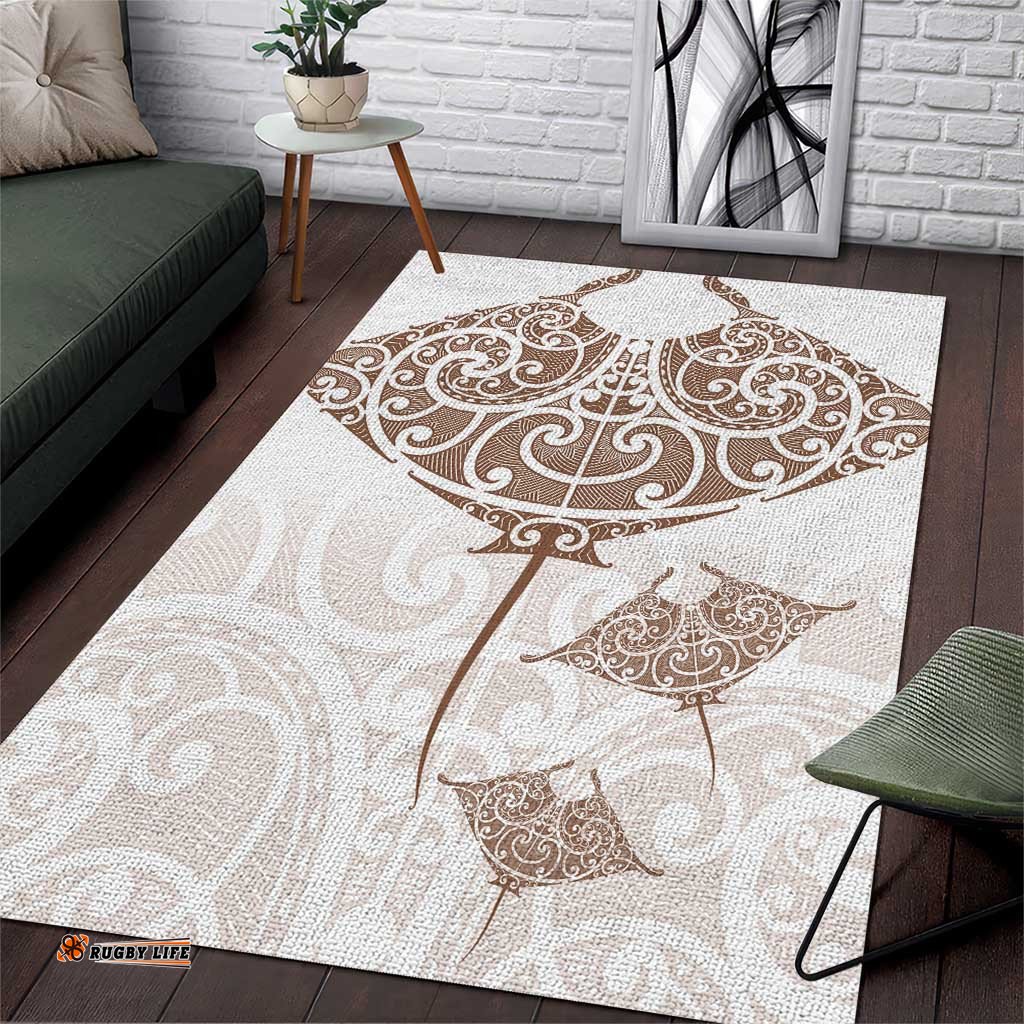 New Zealand Manta Ray Tattoo Area Rug Aotearoa Maori Haehae Beige LT14