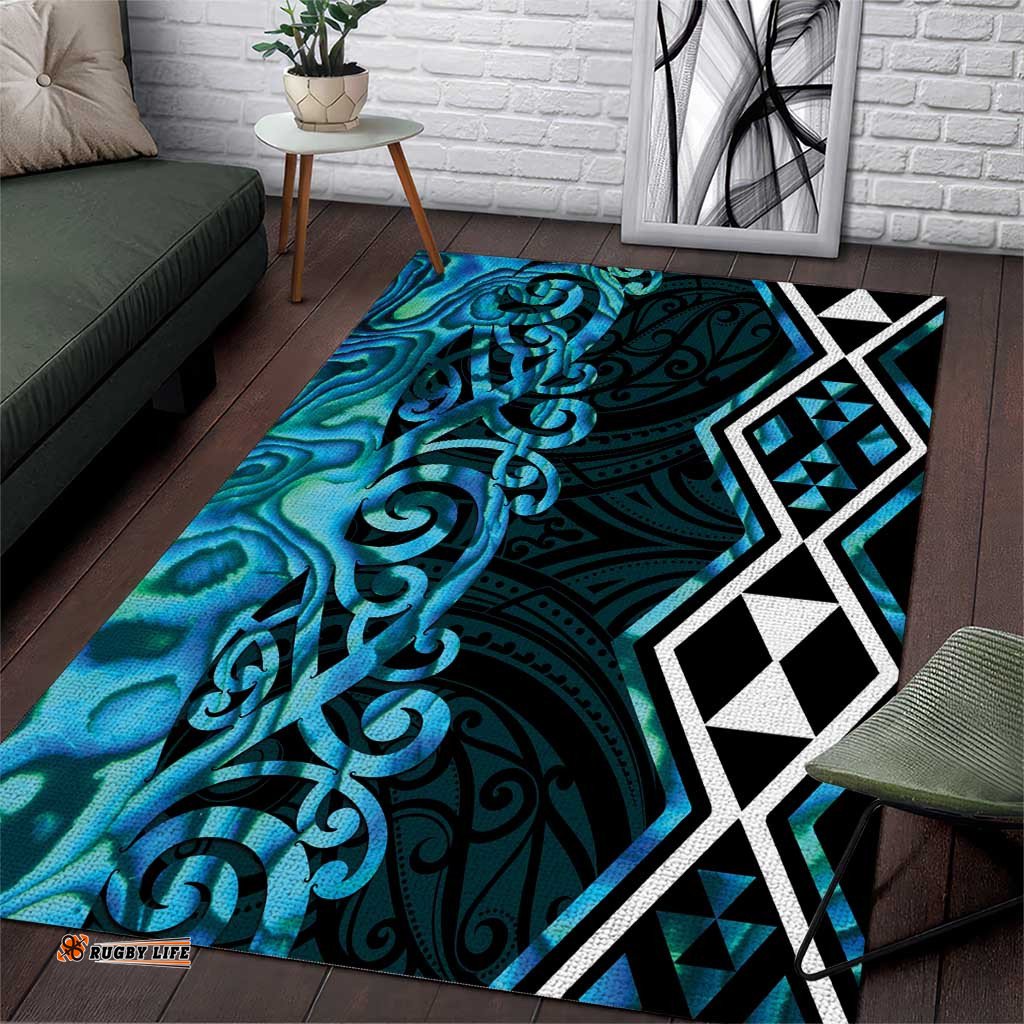 Turquoise Aotearoa Area Rug Taniko Motifs With Paua Shell Kowhaiwhai LT14