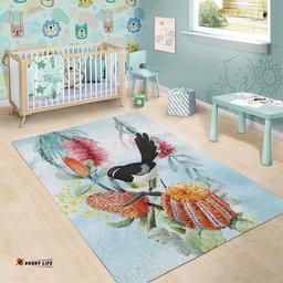 Willie wagtail Australia Area Rug Banksia Bottlebrushes Watercolor Stylized LT14