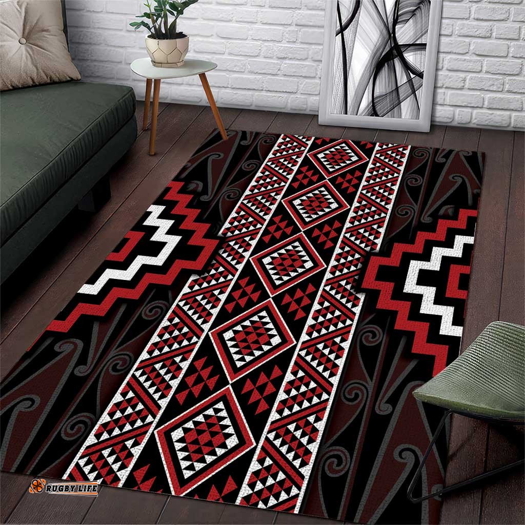 Red Tukutuku Pattern Aotearoa Area Rug Niho Taniwha and Puhoro Motifs LT7