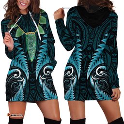 Aotearoa Pounamu Niho Hoodie Dress Silver Fern Mix Maori Pattern - Turquoise LT14