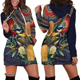 Aussie Honeyeaters Banksia Flowers Hoodie Dress Aboriginal Dots Painting LT9