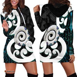 Aotearoa Koru Hoodie Dress Cyan Maori Paua Shell Mix Silver Fern LT14