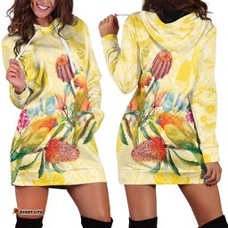 Birds and Floral Aussie Lorikeet Hoodie Dress Pastel Yellow LT7