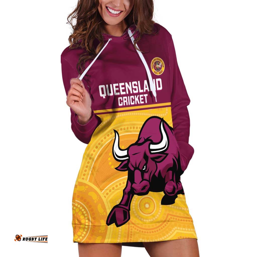 Custom Australia Queensland Cricket Hoodie Dress Go Bulls - Aboriginal Art LT14