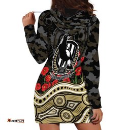 Collingwood Magpies ANZAC Day Hoodie Dress Indigenous Dot Art with Poppy Flower Tribute TS04