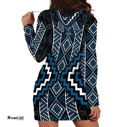 Azure Tukutuku Pattern Aotearoa Hoodie Dress Niho Taniwha and Puhoro Motifs LT7