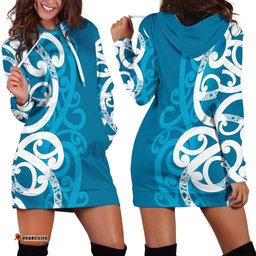 Azure Blue Maori Hoodie Dress Koru Kowhaiwhai LT7