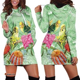 Birds and Floral Aussie Budgerigars Hoodie Dress Mint Opal LT7