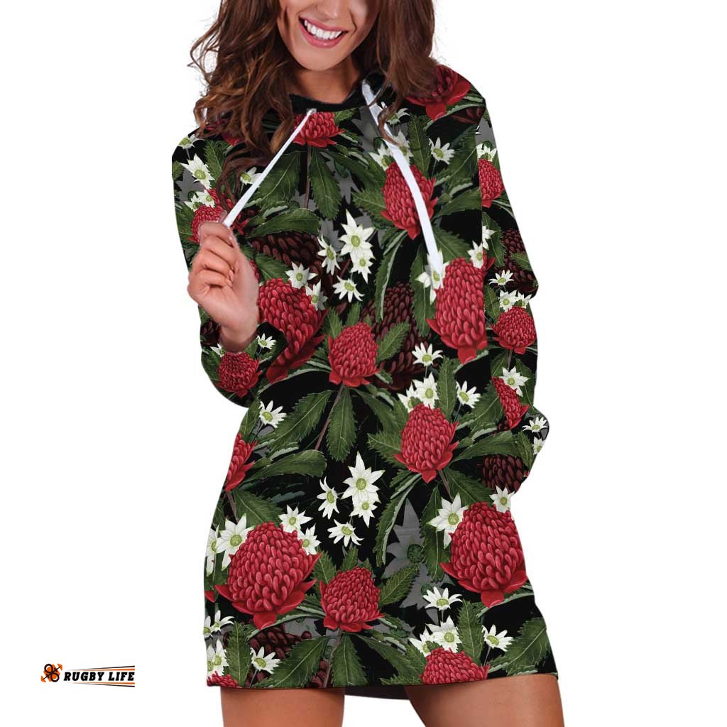 Australia Waratah Flannel Flower Hoodie Dress Aussie Native Flowers Seamless Stylized LT14
