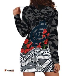 Carlton Blues ANZAC Day Hoodie Dress Indigenous Dot Art with Poppy Flower Tribute TS04