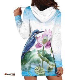 Australia Azure Kingfisher Hoodie Dress Ceyx Azureus Sacred Lotus Watercolor LT14