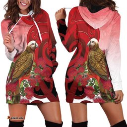 New Zealand Parrot Kaka Hoodie Dress Maori Koru With Pohutukawa Flowers LT05