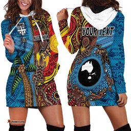 Personalised Australia and Fiji Together Hoodie Dress Tribal Palm Tree with Tapa and Aboriginal Animals Half Style LT03