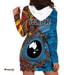 Personalised Australia and Fiji Together Hoodie Dress Tribal Palm Tree with Tapa and Aboriginal Animals Half Style LT03