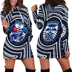 Geelong Cats Hoodie Dress Indigenous Monochrome Dot Art Mascot Style TS04
