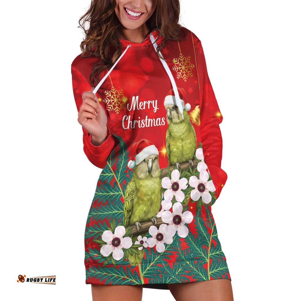 New Zealand Kakapo Christmas Hoodie Dress Owl Parrot Santa Sliver Fern Manuka - Red LT14