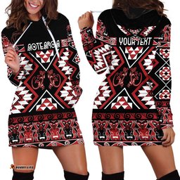 Personalised Aotearoa Waitangi Hoodie Dress Taniko Motifs - Mania Gecko LT7