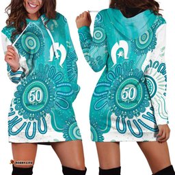 NAIDOC Week 2026 Hoodie Dress 50 Years Deadly Dhari Cyan Aboriginal Art LT14