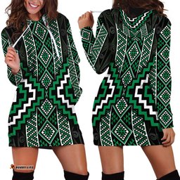 Jade Tukutuku Pattern Aotearoa Hoodie Dress Niho Taniwha and Puhoro Motifs LT7