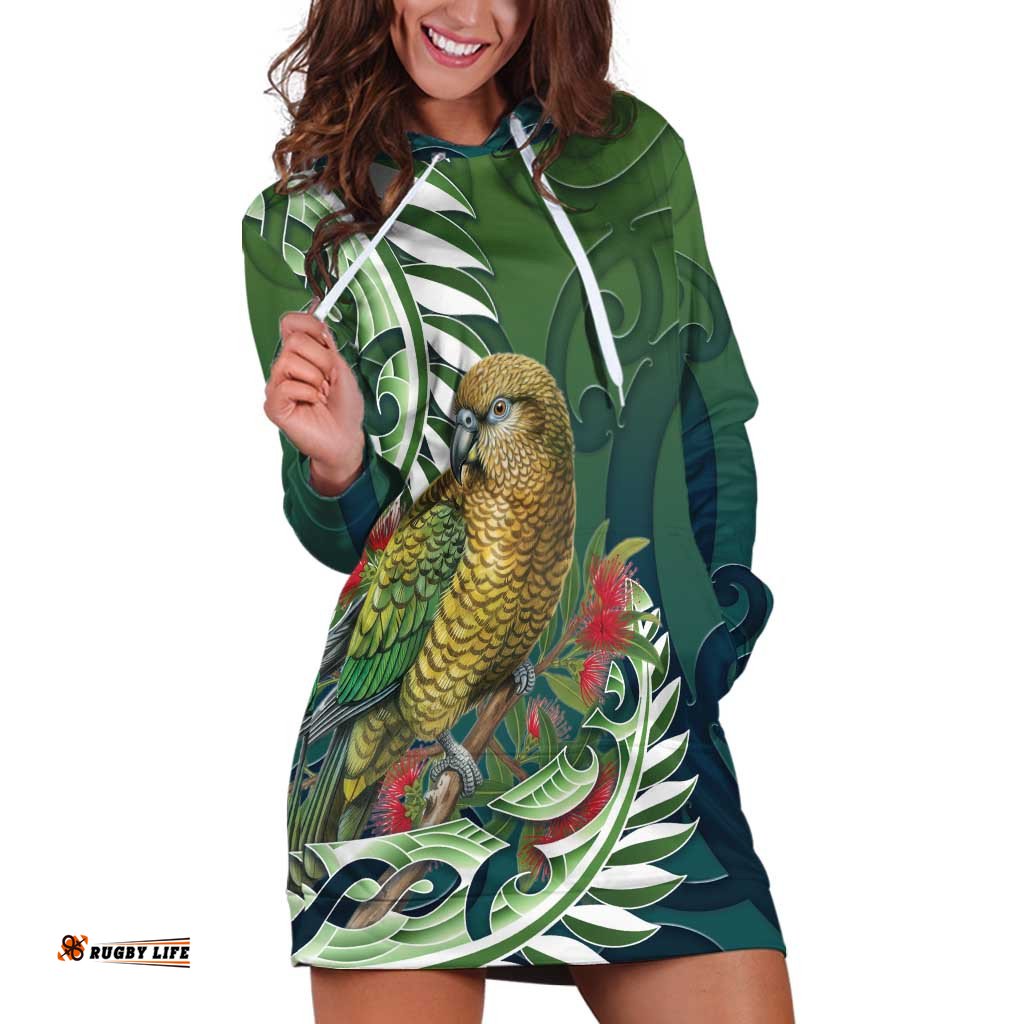 New Zealand Kea Bird Hoodie Dress With Maori Koru Fern LT05