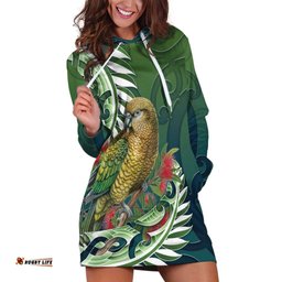 New Zealand Kea Bird Hoodie Dress With Maori Koru Fern LT05