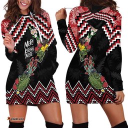 New Zealand Christmas Taniko Poutama Hoodie Dress Flora Map with Birds LT7