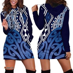 New Zealand Hoodie Dress Aotearoa Kowhaiwhai Mix Taniko Art - Blue LT14